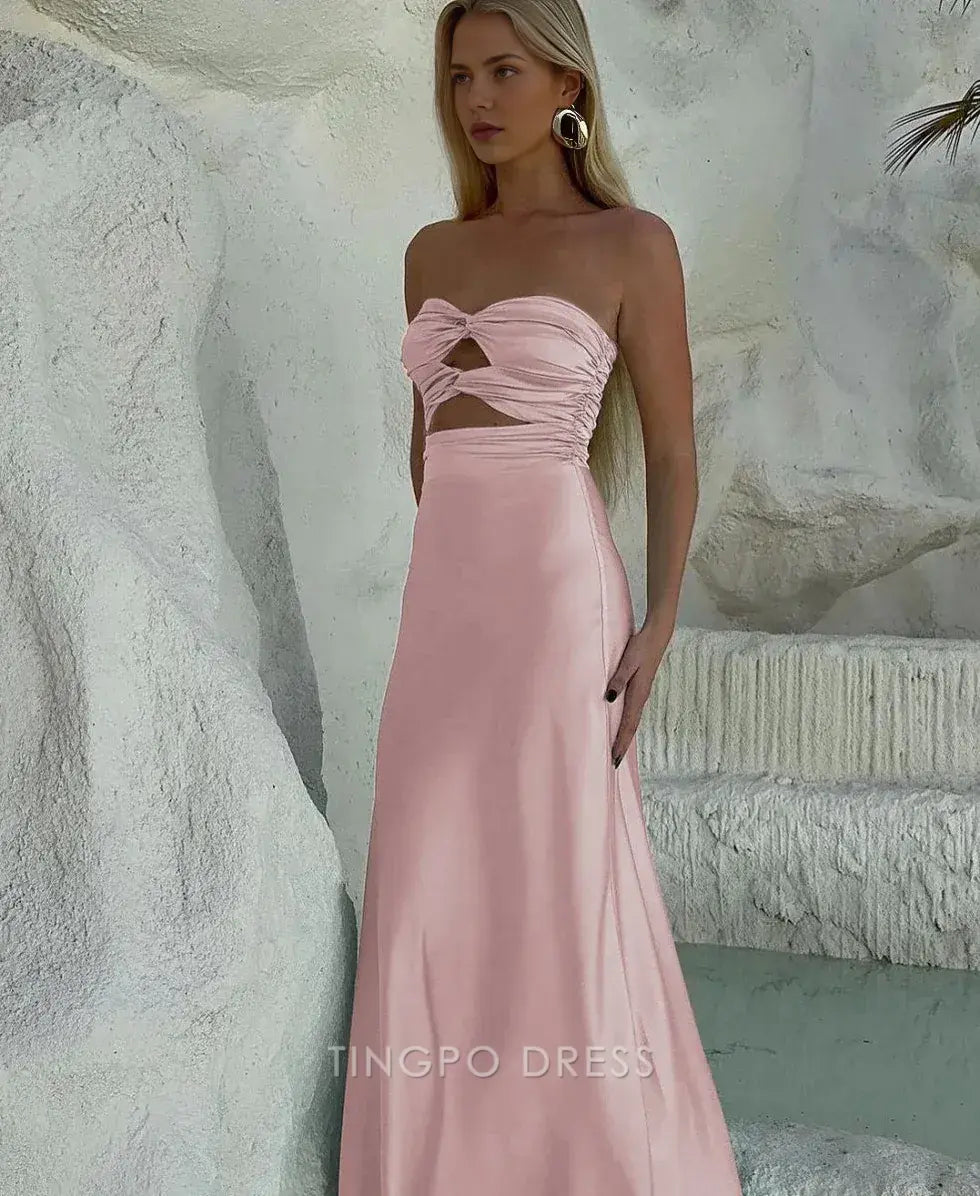 Elegant Sheath/Column Strapless Cutout Maxi Dress with Lace - Up Back Prom Dress